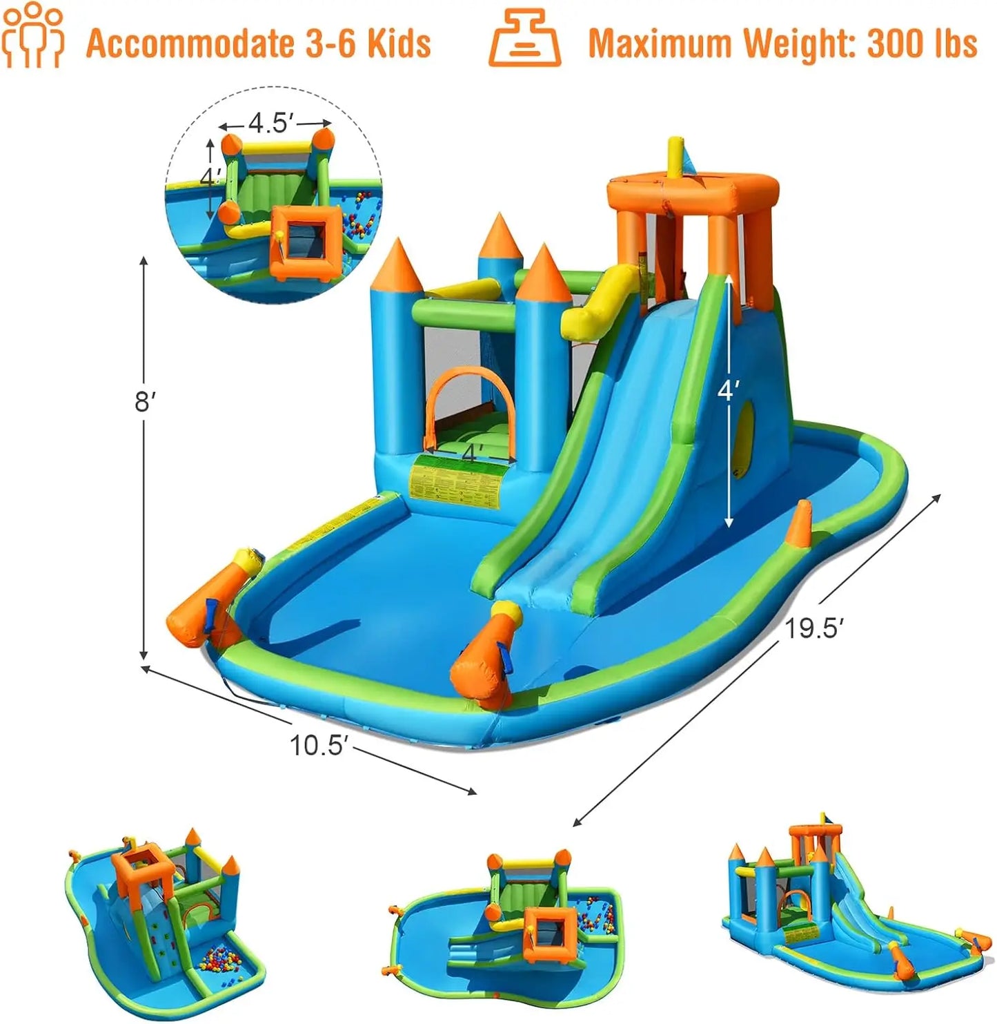 Inflatable Water Slide, 8 in 1 Giant Jumping Water Bounce House Waterslide Park w/Splash Pool, Crawling, Outdoor Blow up Water S