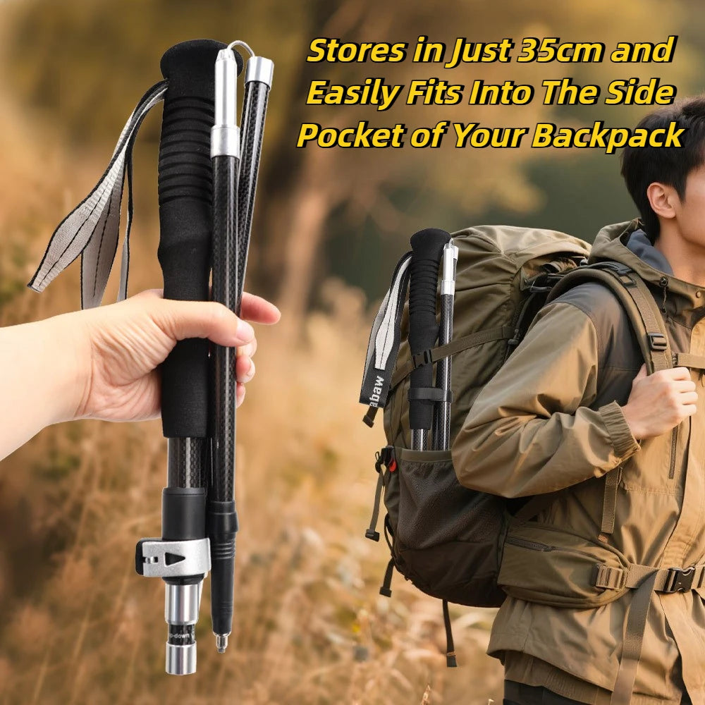 3K Carbon Fiber Folding Trekking Pole Ultra Light Five Section Hiking Staff Collapsible Walking Stick for Camping Trek