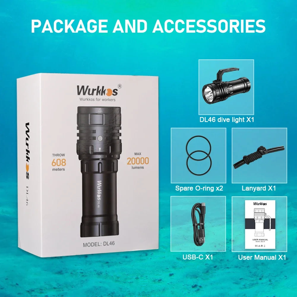 Wurkkos DL46 Professional Scuba Diving Flashlight IPX8 46950 Battery Super Bright 20000LM USB Reverse Charge 6 * XHP50.2
