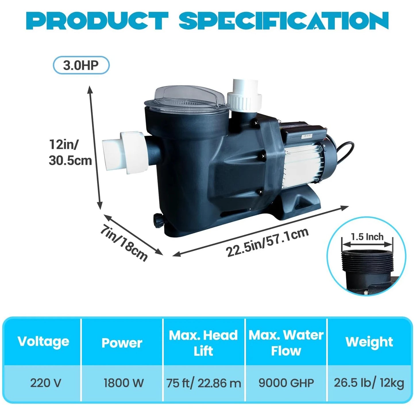 1.5HP 3.0HP Swimming Pool Pump 220V Single Speed Pumps Above Ground Self Priming Pool Pump 1800W Powerful Copper Motor