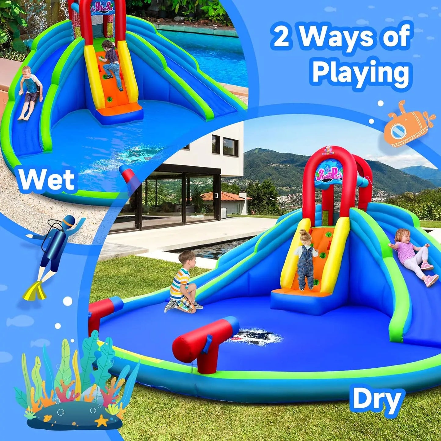 Inflatable Water Slide, 18x17FT Mega Kids Waterslide Park for Outdoor with 2 Long Slides, Splash Pool, Handrail Upgrade, Blow up