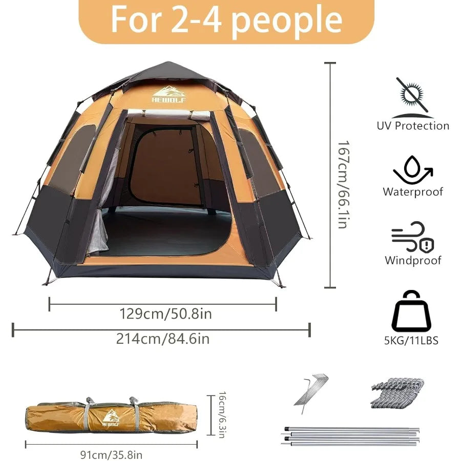 2/3/4 Person Camping Tent - Instant Pop Up Waterproof 2 Doors Tent with Easy Setup 3-Season Hexagonal Dome Design for Family Hi