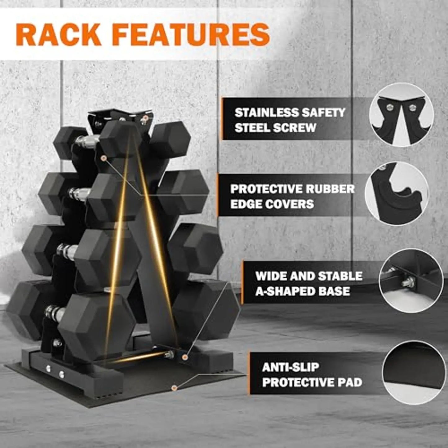 Dumbbell Set with Storage Rack, Rubber Coated Hex Hand Weights, Anti-Slip Grip Home Gym Equipment for Strength Training