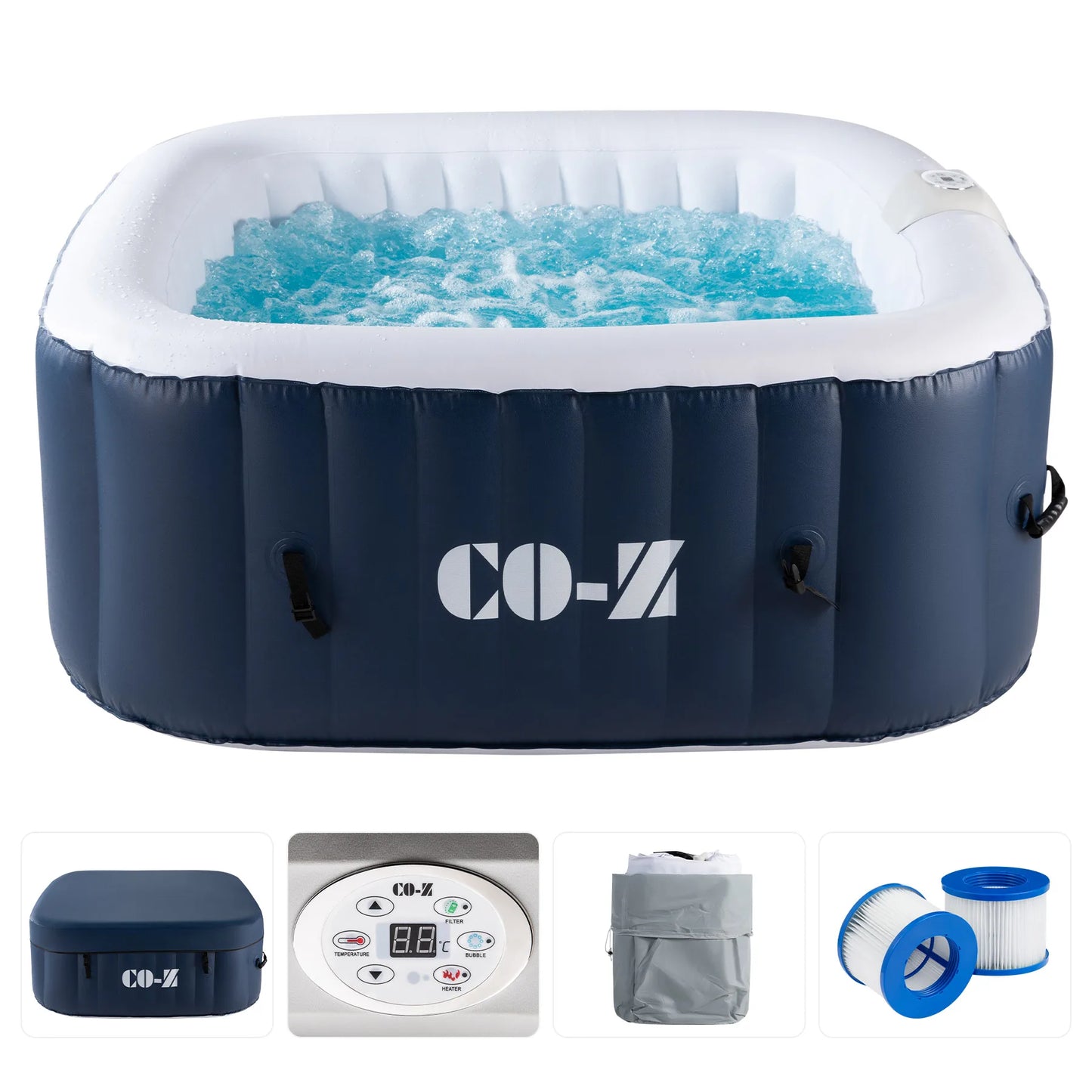 Outdoor Inflatable Hot Tub Spa w Heater&130 Massaging Jet 4 Person Square Whirlpool