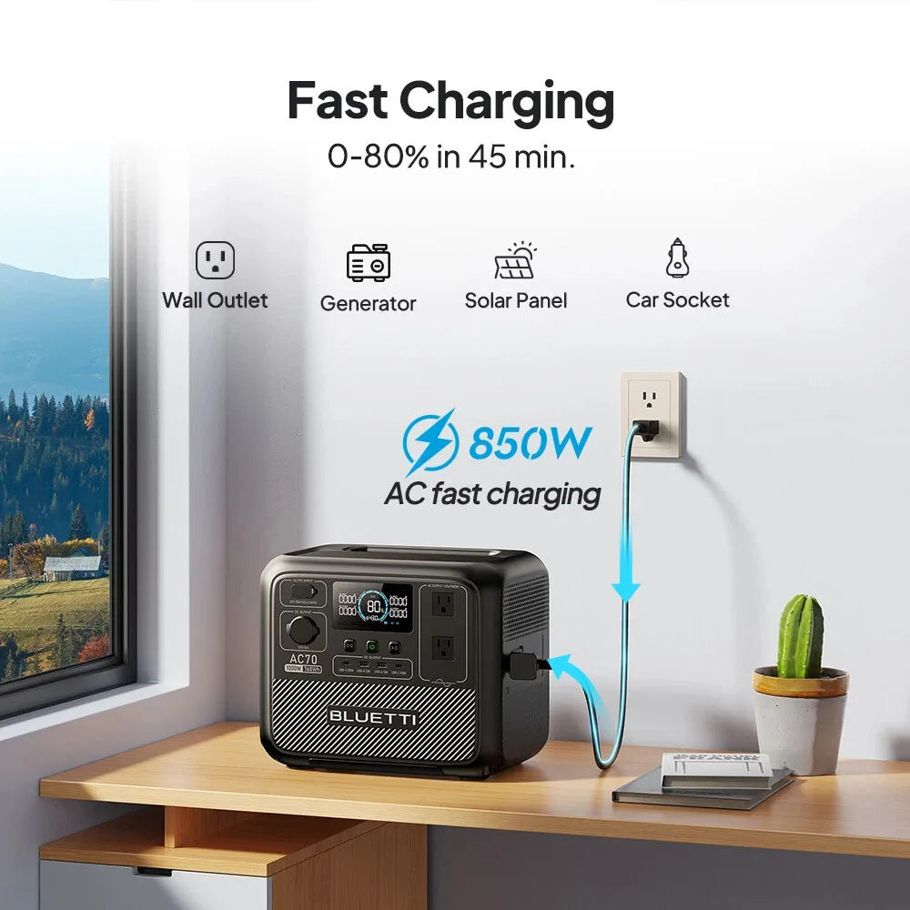 BLUETTI AC70 Portable Power Station | 1000W 768Wh Solar Generator for Outdoor Camping RV Travel Home Backup Emergency Power