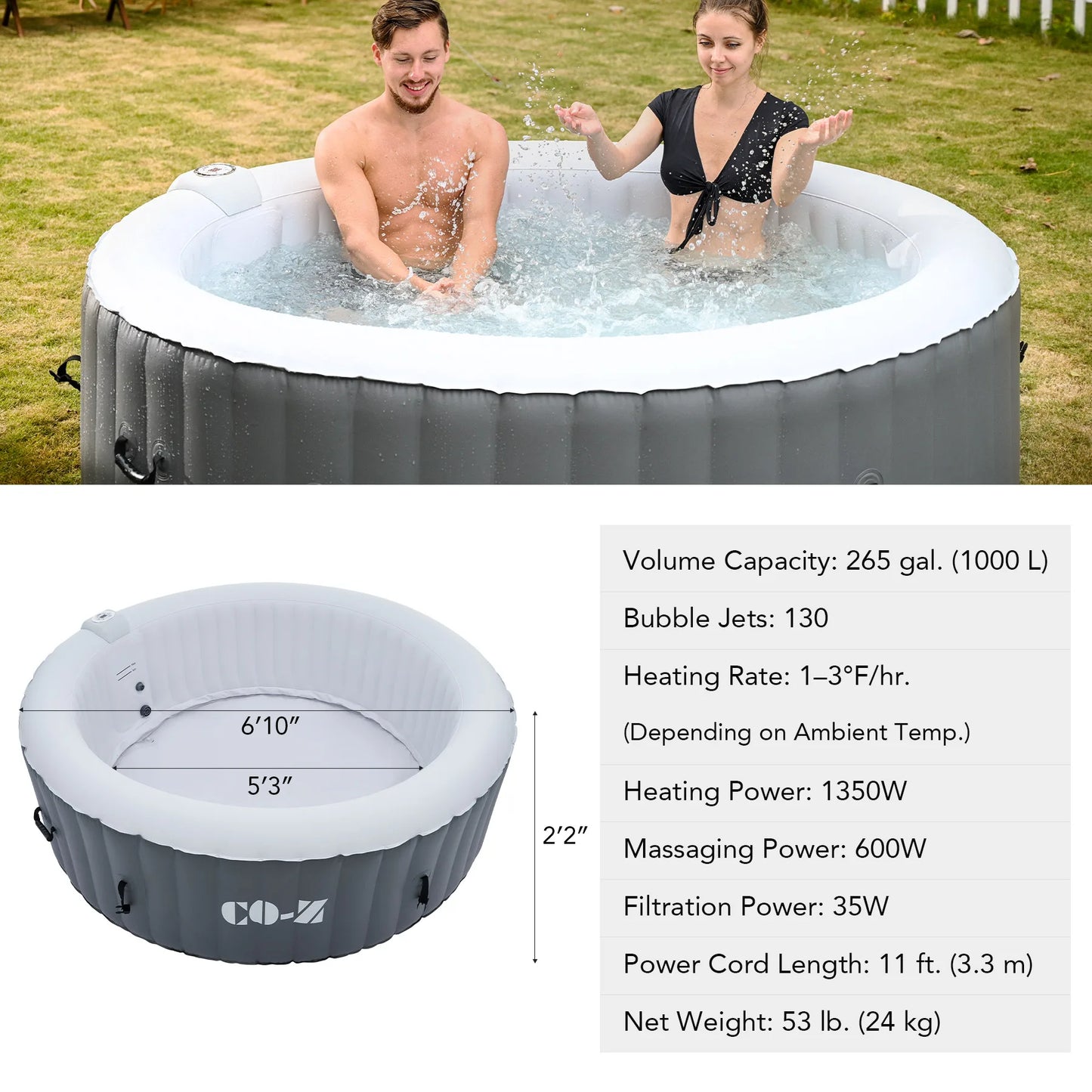 Outdoor 6 Person Round Whirlpool Inflatable Hot Tub Spa Jet 130 Massaging gray
