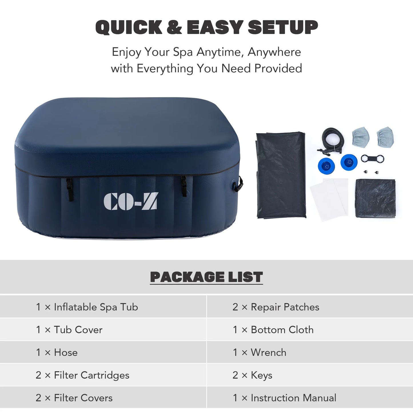 Outdoor Inflatable Hot Tub Spa w Heater&130 Massaging Jet 4 Person Square Whirlpool