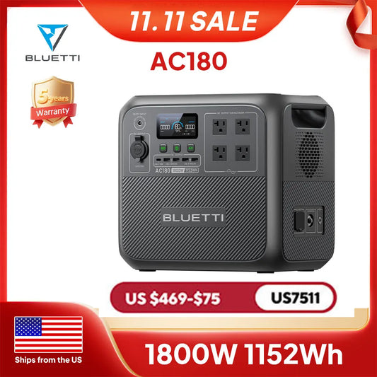 【Brand New】BLUETTI AC180 1152Wh 1800W Portable Power Station LiFePO4 Solar Generator 3500+ Cycles For Camping Hiking Fish
