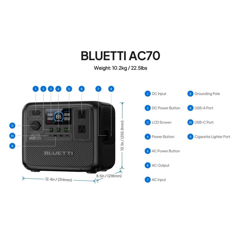 BLUETTI AC70 Portable Power Station | 1000W 768Wh Solar Generator for Outdoor Camping RV Travel Home Backup Emergency Power