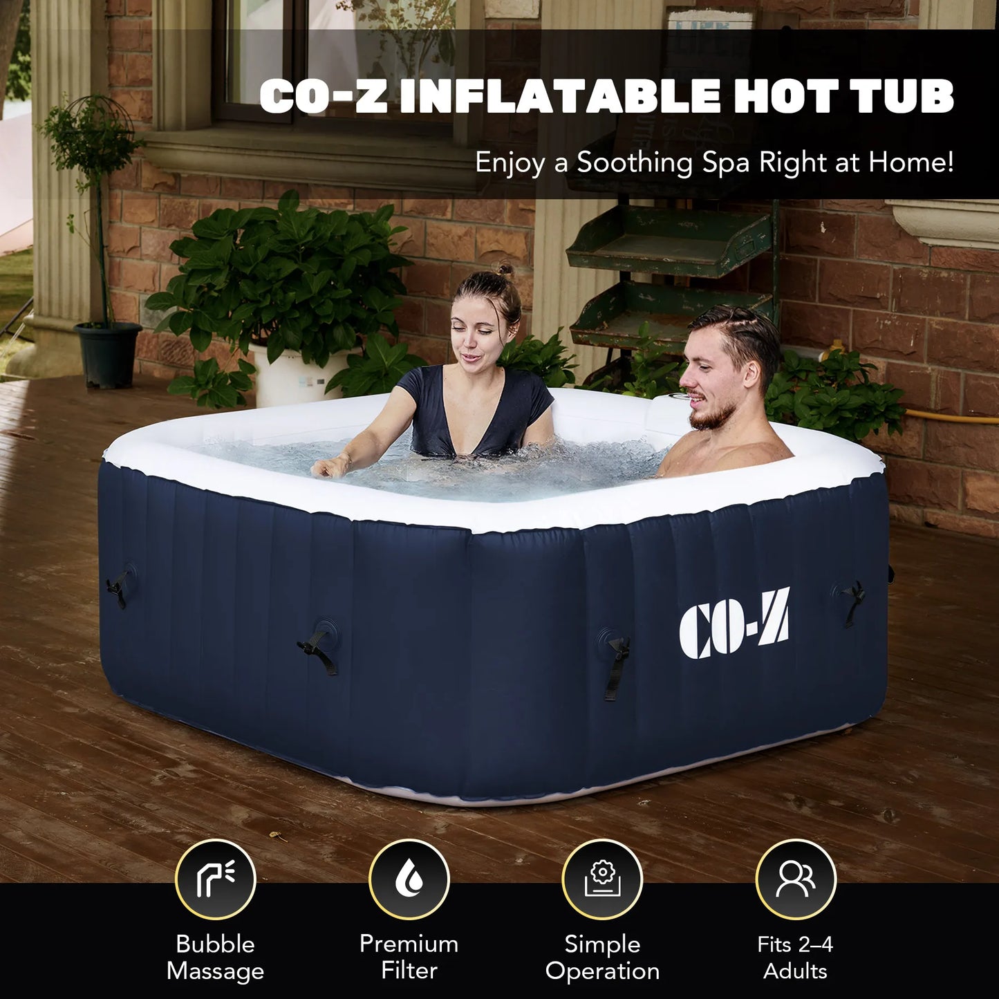 Outdoor Inflatable Hot Tub Spa w Heater&130 Massaging Jet 4 Person Square Whirlpool