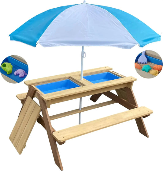 Kids 3-in-1 Sand Water Activity Table Wooden Outdoor Convertible Picnic Table Bench Adjustable Umbrella Removable Top 2 Play Box