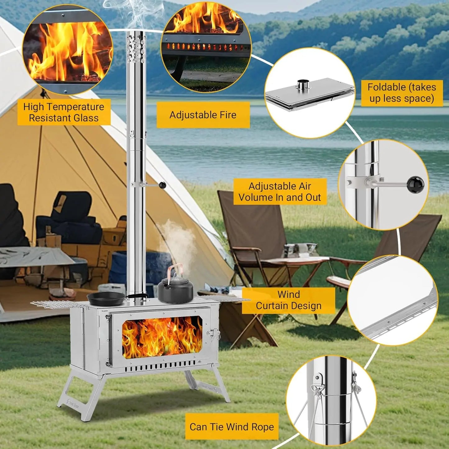 Hot Tent Stove, Wood Burning Stove, Portable Stainless Wood Stove with Cooking Grill,for Outdoor Camping Cooking and Heating