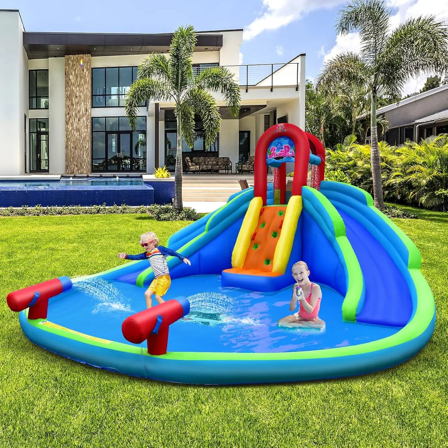 Inflatable Water Slide, 18x17FT Mega Kids Waterslide Park for Outdoor with 2 Long Slides, Splash Pool, Handrail Upgrade, Blow up