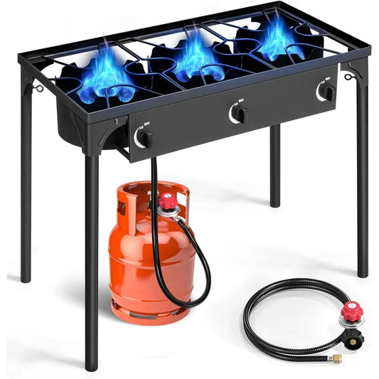 3 burner propane gas stove for outdoor cooking, 225,000 BTU camping stove with removable legs for backyard cooking, barbecue