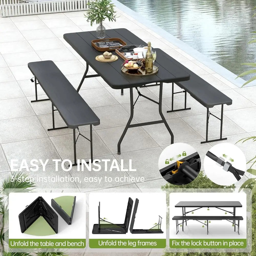 6' Picnic Table with 2 Benches, 3 Piece Black Wood Grain Portable HDPE Folding Camping Table and Benches for Courtyard, Garden,