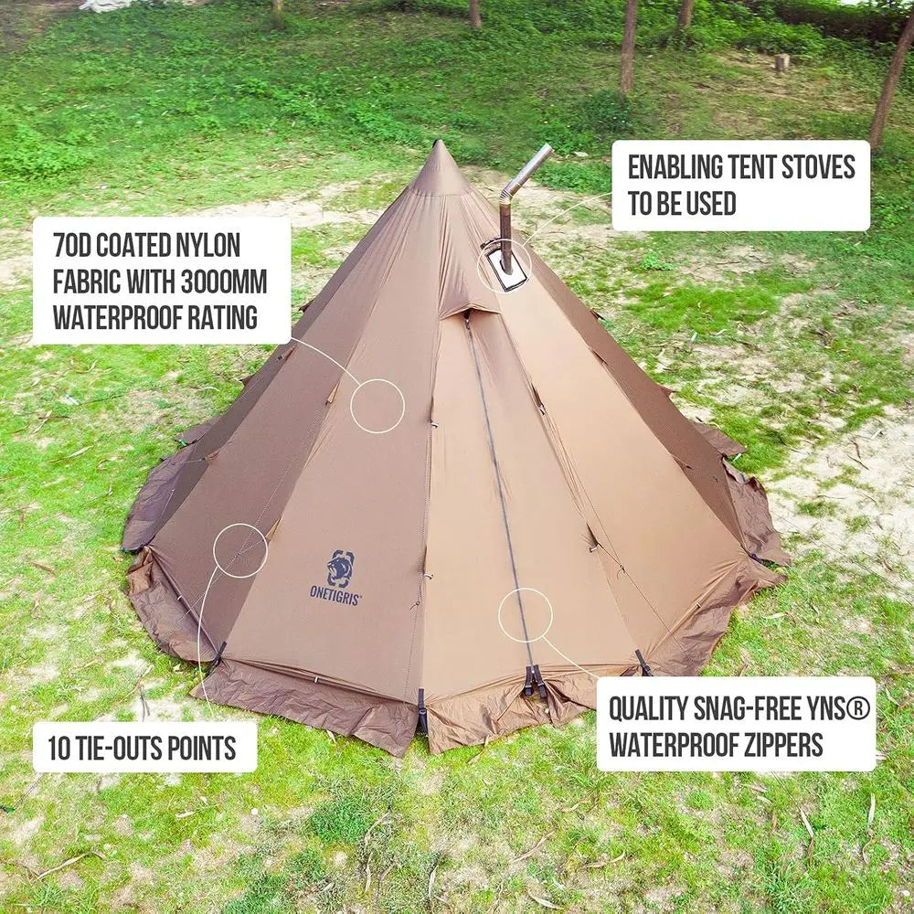 All-Season Waterproof 4-6 Person Tipi Tent with Stove Jack for Camping, Backpacking, Hunting, and Fishing