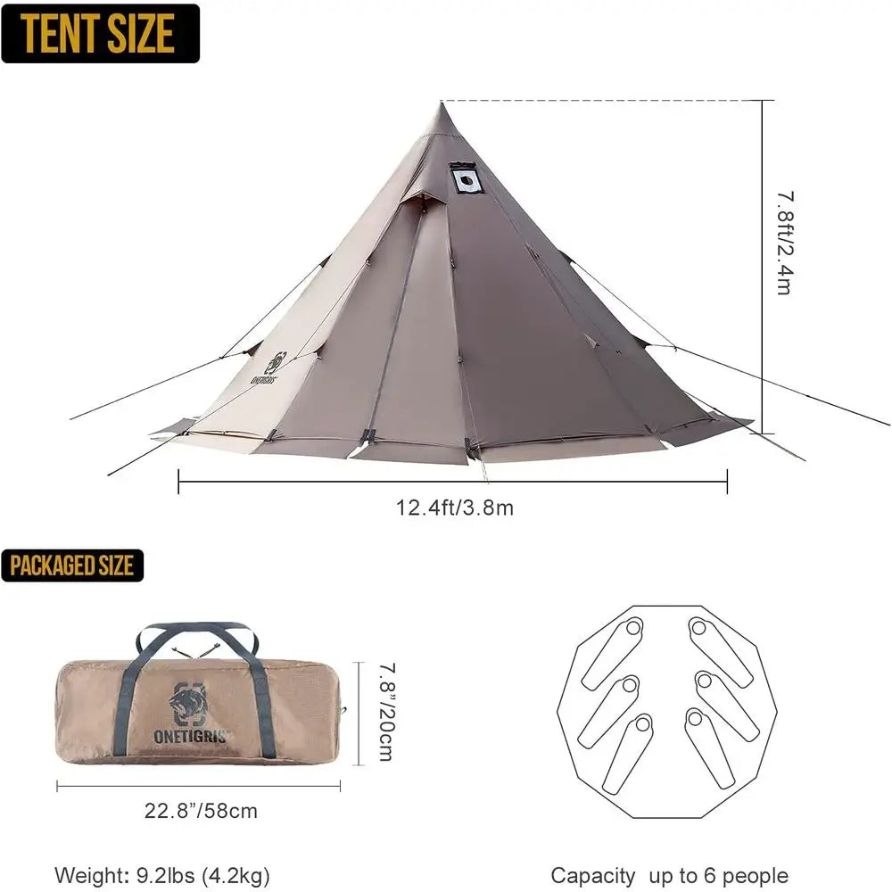 All-Season Waterproof 4-6 Person Tipi Tent with Stove Jack for Camping, Backpacking, Hunting, and Fishing