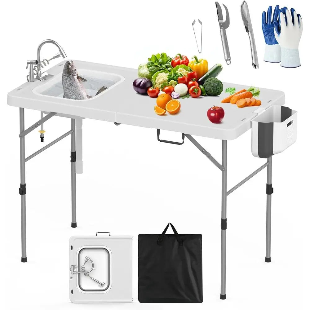 Fold in Half Folding Fish Cleaning Table with Sink, Foldable Protable Camping Sink Table with Drainage Hose & Fish Cleaning Kit,