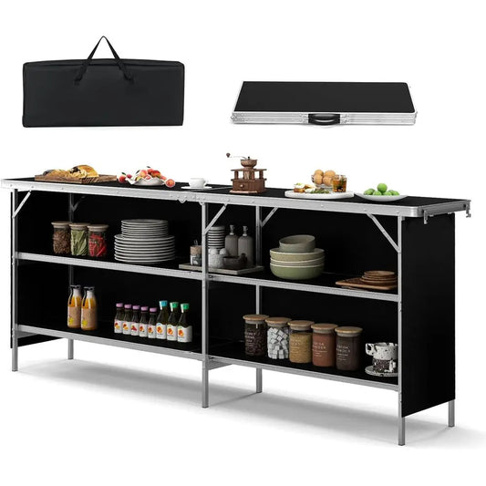 81" Folding Picnic Table, Portable Bar Table with Carry Bag, Lightweight Aluminum Food Prep Station with 2 Shelves, Quick Set-up