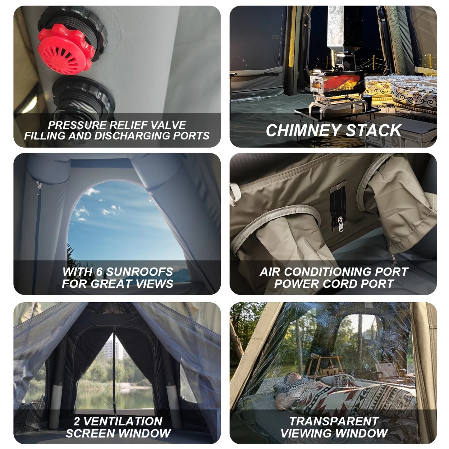 142 SqFt² Dome Inflatable Camping Tents for Family,4 Season Oxford Glamping Blow Up Tent with Canopy,Chimney Opening,AC Vent