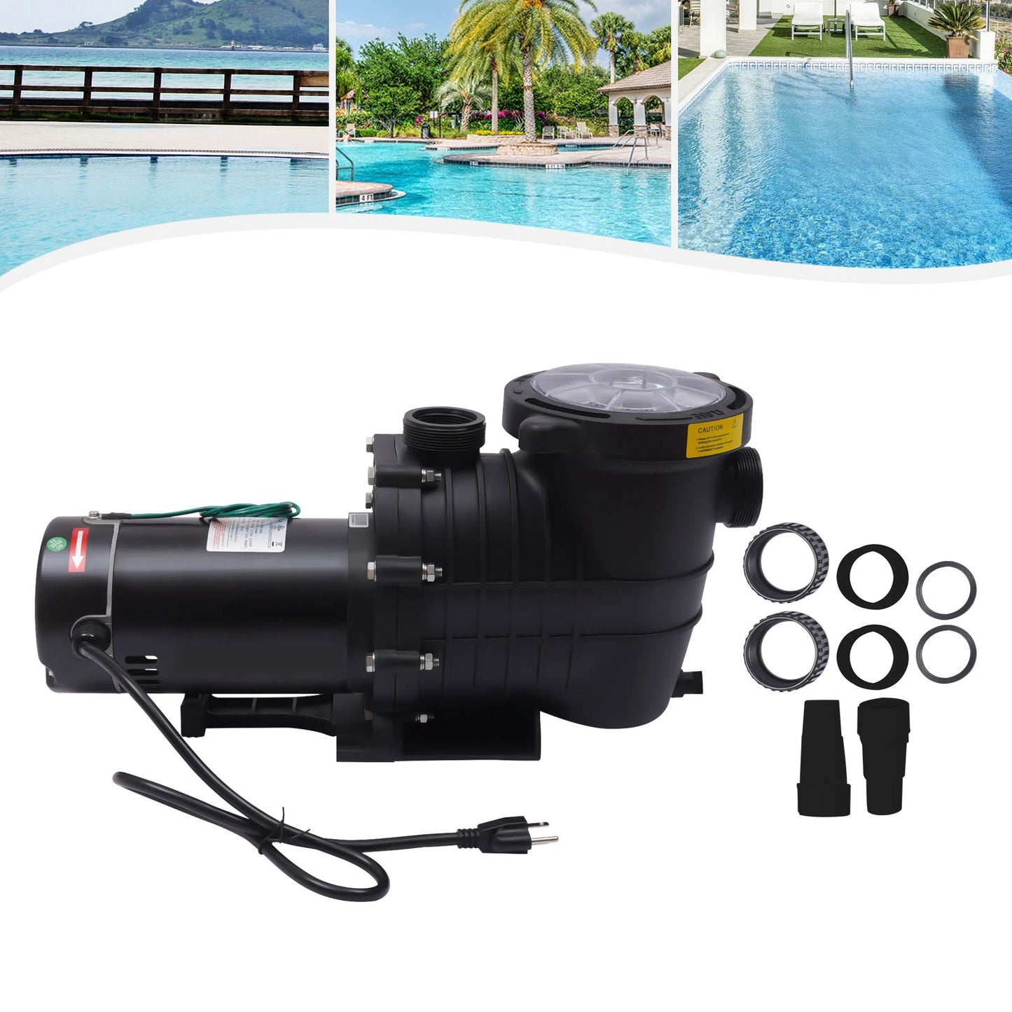 Keep Water Crystal Clear! 2HP Pool Pump with Copper Motor, 1500W Powerful Circulation for Swimming Pools, Spas and Hot Tubs