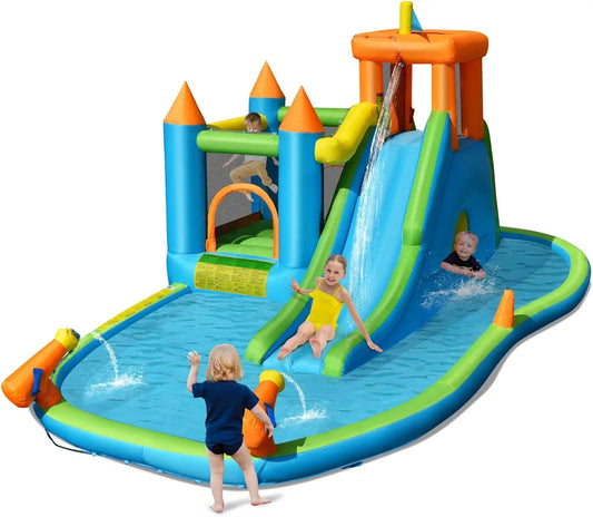 Inflatable Water Slide, 8 in 1 Giant Jumping Water Bounce House Waterslide Park w/Splash Pool, Crawling, Outdoor Blow up Water S