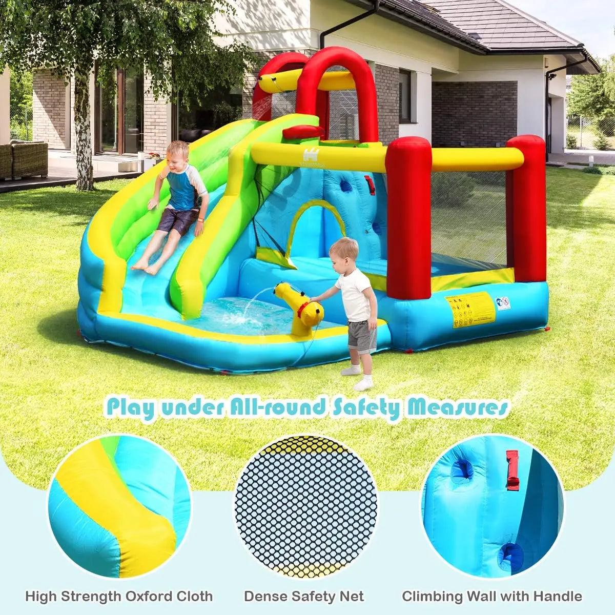 Inflatable Water Slide, Bounce House Water Slide for Kids Outdoor Fun w/Waterslide, Splash Pool, Climbing Wall, Water Slides Inf