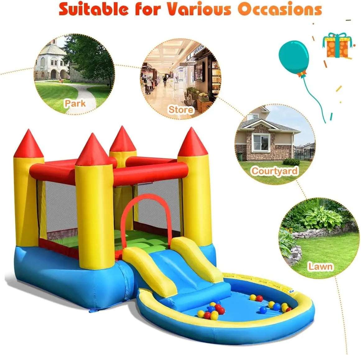 Inflatable Water Slide Bounce House with Ball Pit & Splash Pool, Bouncy Jump Castle for Kids Backyard Fun with 480w Blower, Blow