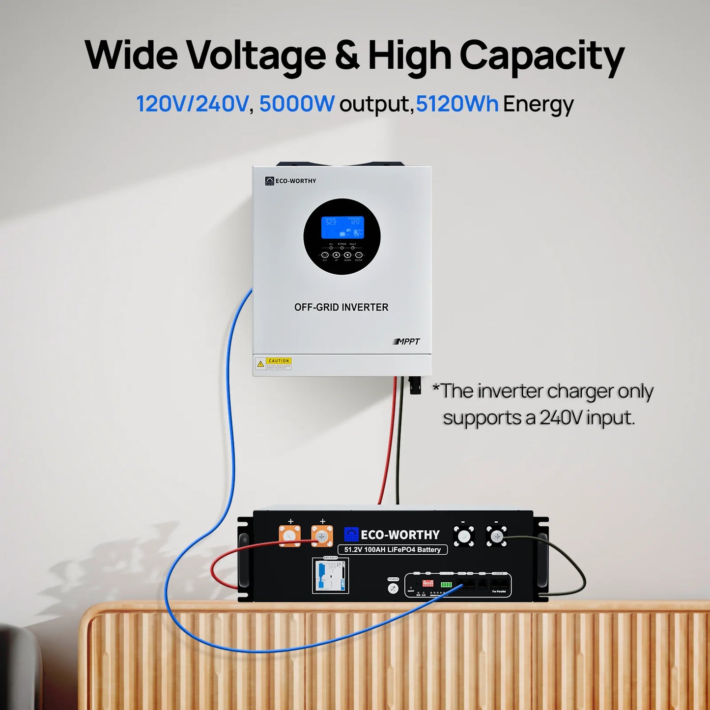 ECO-WORTHY 5.12kWh 48V 100Ah Lithium LiFePO4 Battery+5kW 48V Off-grid Inverter for Home Backup, Emergency Use