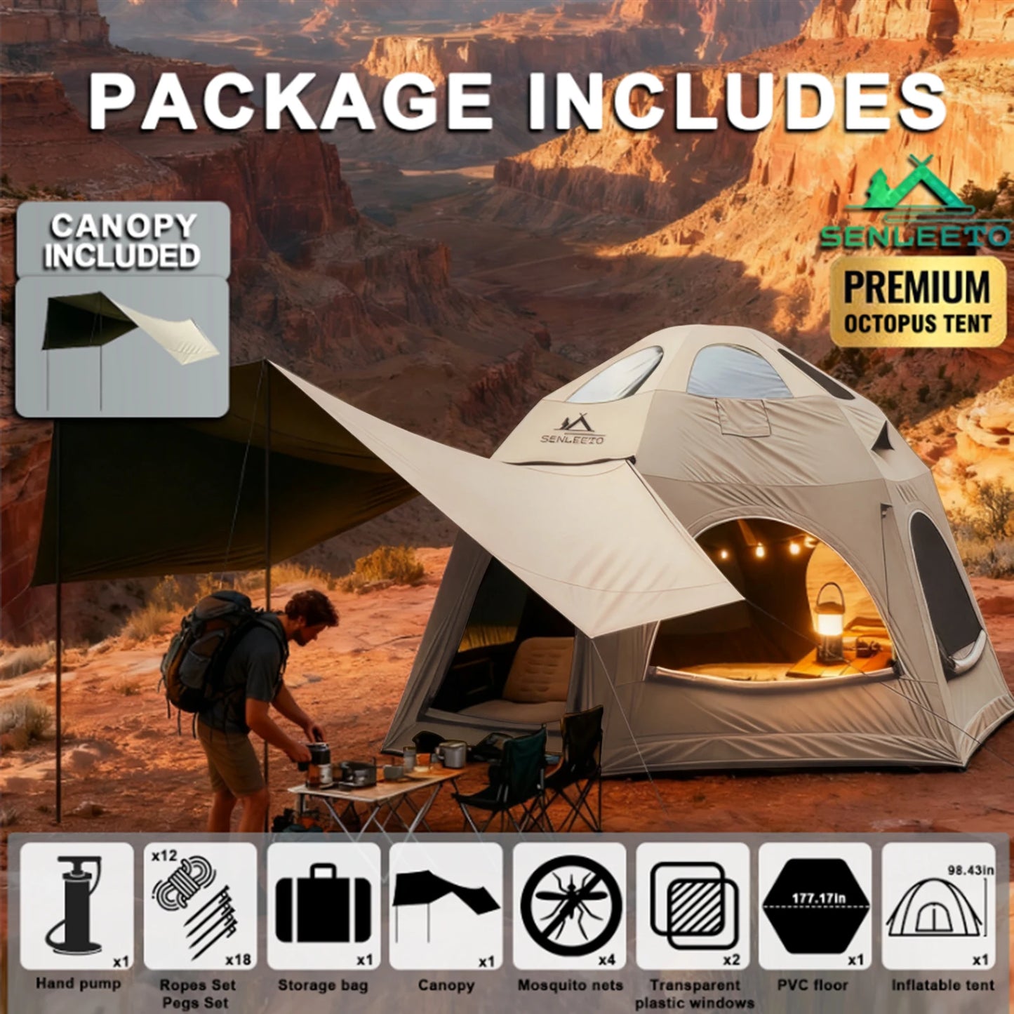 142 SqFt² Dome Inflatable Camping Tents for Family,4 Season Oxford Glamping Blow Up Tent with Canopy,Chimney Opening,AC Vent