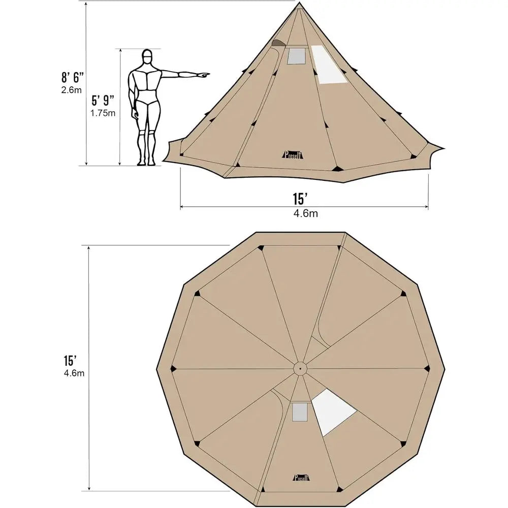 Family Camping Tent for 4-6 People: XL Wood Burning Stove-Ready, Screen Window, Height 2.6m, Diameter 4.6m