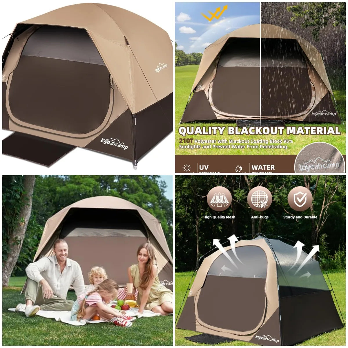 4 Person Blackout Camping Tent, Easy Setup Waterproof Family Dome Tent for Camping with Rainfly
