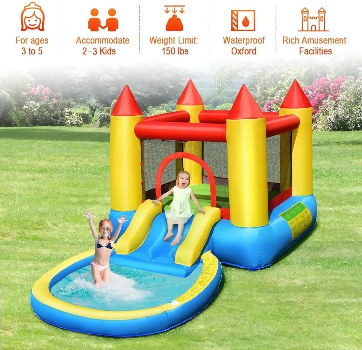 Inflatable Water Slide Bounce House with Ball Pit & Splash Pool, Bouncy Jump Castle for Kids Backyard Fun with 480w Blower, Blow