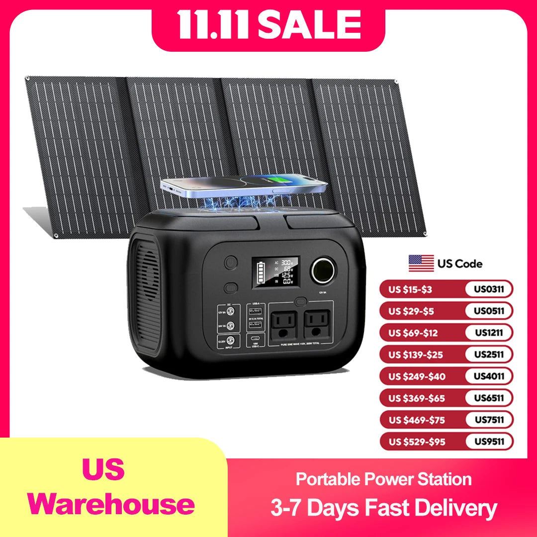 300W 260Wh Portable Power Station with Solar Panels 40W Solar Generator with AC Outlet 110V for Outdoor Garden Travel Camping RV