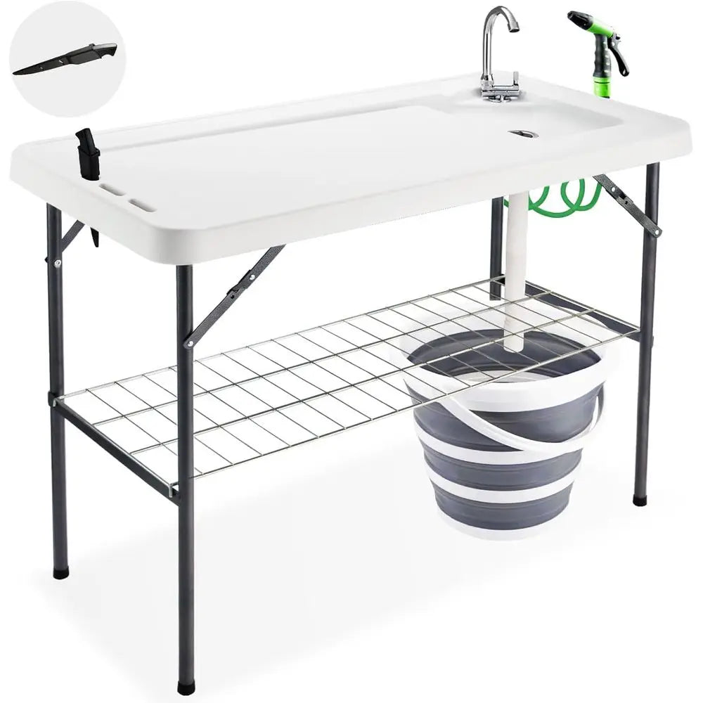 Folding Fish Cleaning Table with Collapsible Bucket, Portable Outdoor Fillet Station Camping Sink Table with Faucet, Drainage Ho