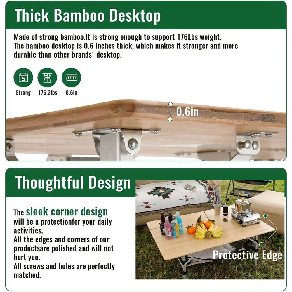 Adjustable Height Folding Table, 4-Fold Bamboo Camping Outdoor Portable RV Camp Table with Carry Bag & Storage for Outdoor Car B