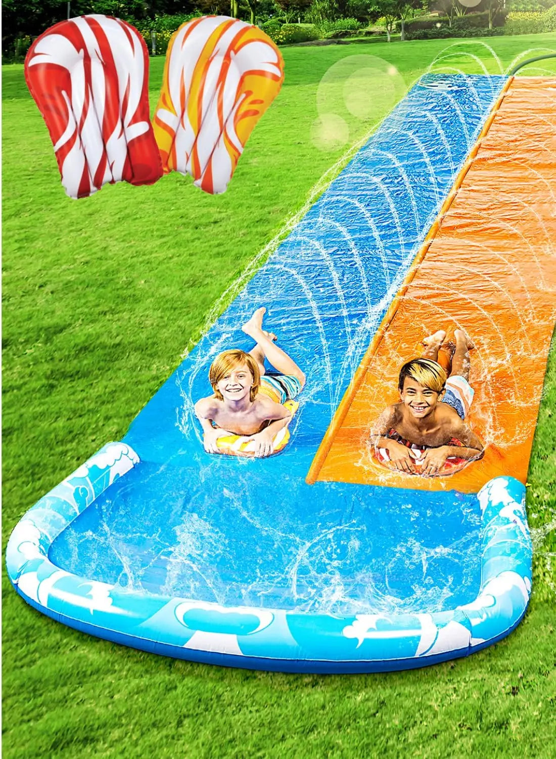 JOYFY 22.5ft Water Slides and 2 Bodyboards Lawn Backyard Waterslides Water Toy with Build Sprinkler for Kids Outdoor Water Fun