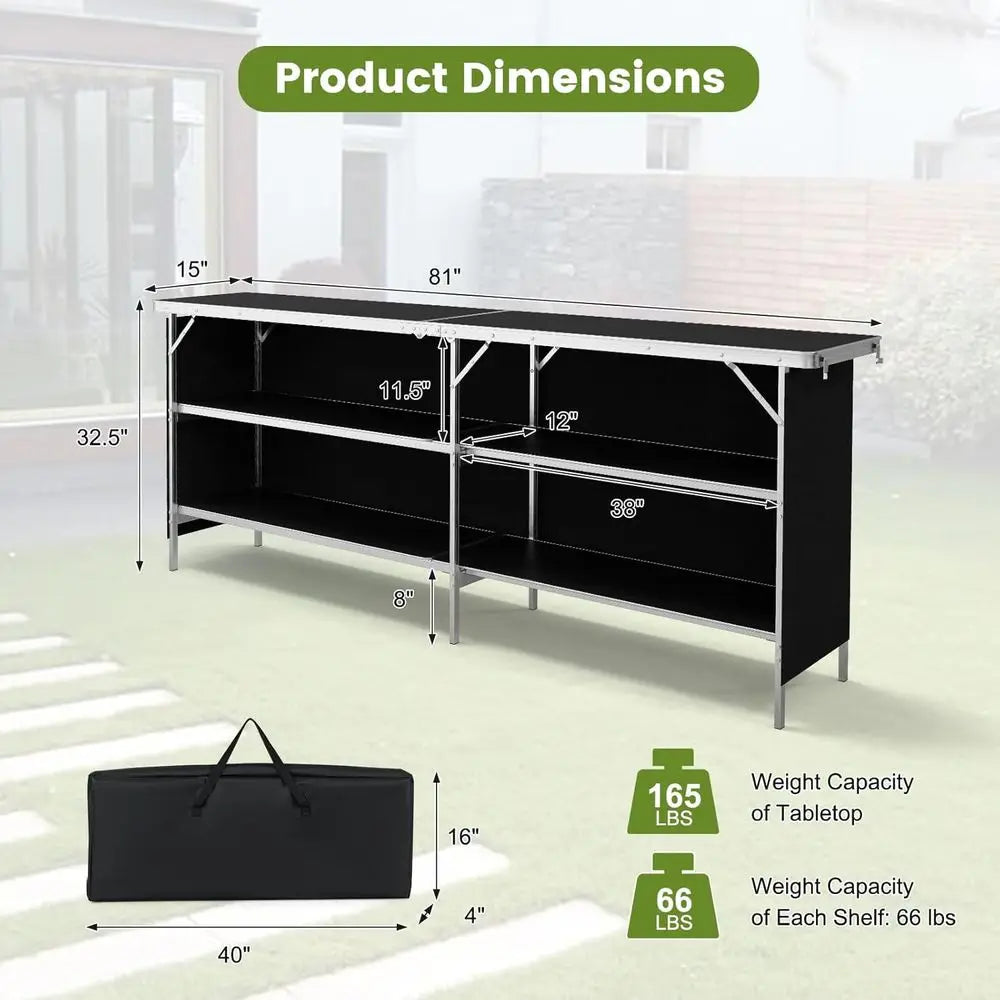 81" Folding Picnic Table, Portable Bar Table with Carry Bag, Lightweight Aluminum Food Prep Station with 2 Shelves, Quick Set-up