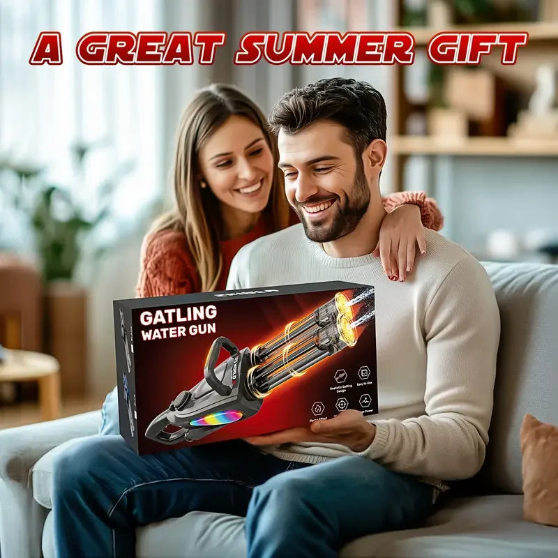 Gatling Rotating Barrel Electric Water Gun With LED Mouth Light, Dual Water Dispensing Function, Can Be Used With External Water