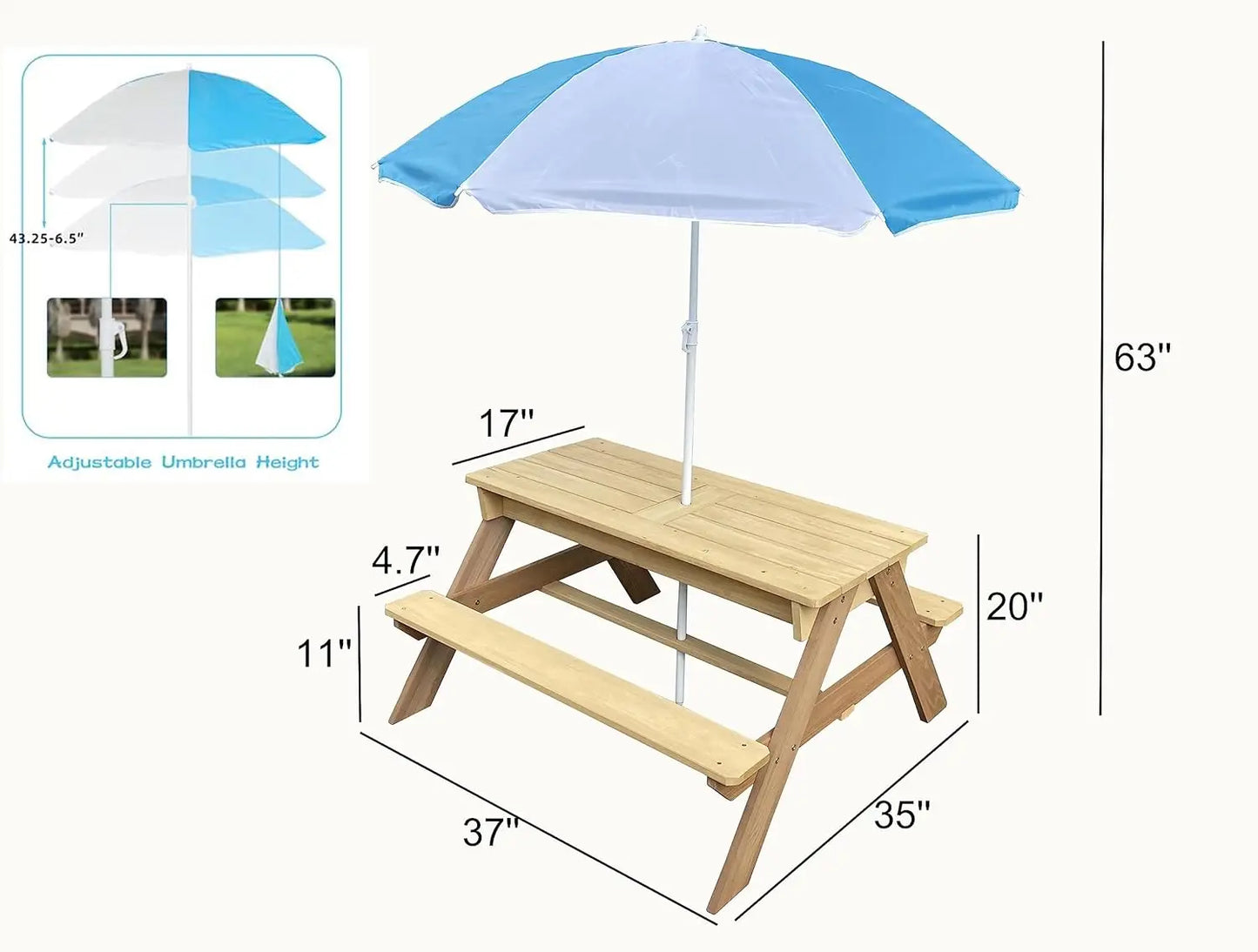 Kids 3-in-1 Sand Water Activity Table Wooden Outdoor Convertible Picnic Table Bench Adjustable Umbrella Removable Top 2 Play Box