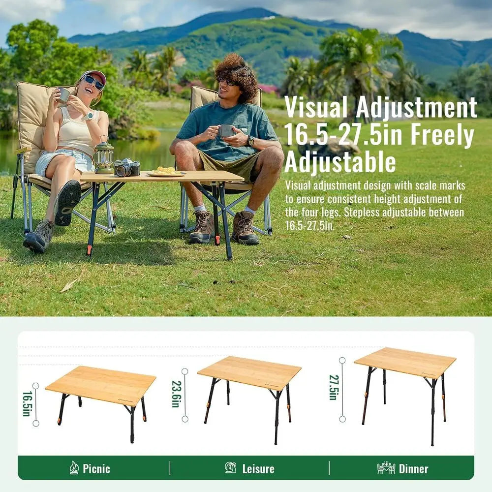 Bamboo Folding Table, 4-Fold Camping Adjustable Height Portable Outdoor Lightweight & Compact Table with Aluminum Frame for RV P