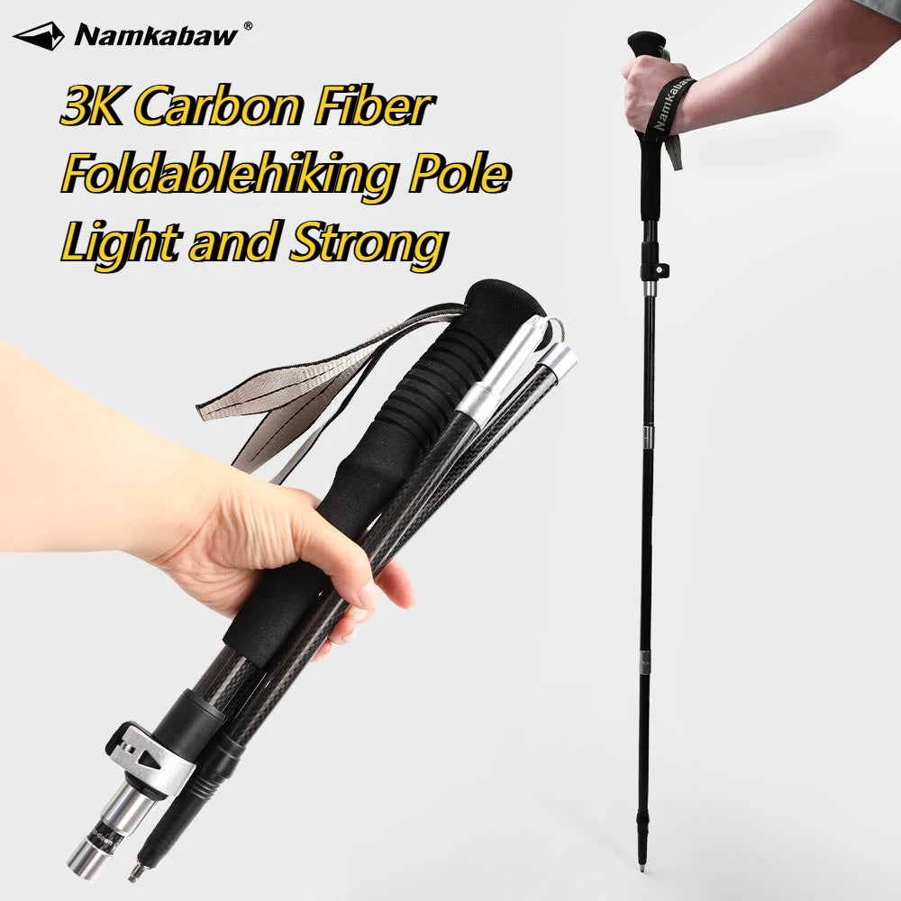 3K Carbon Fiber Folding Trekking Pole Ultra Light Five Section Hiking Staff Collapsible Walking Stick for Camping Trek