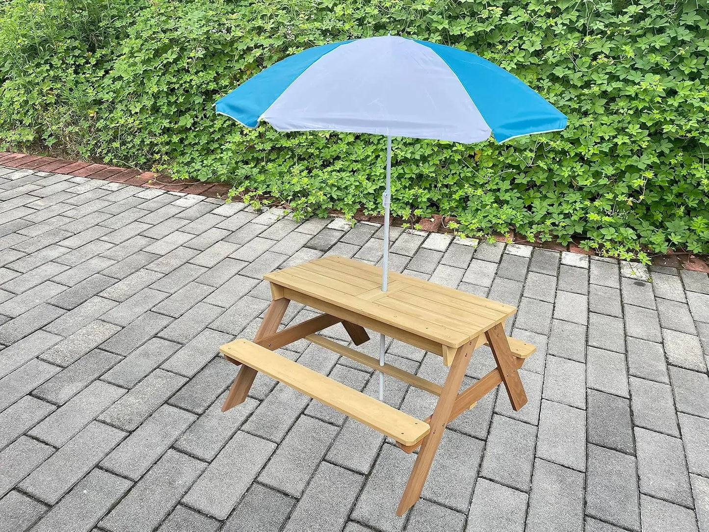 Kids 3-in-1 Sand Water Activity Table Wooden Outdoor Convertible Picnic Table Bench Adjustable Umbrella Removable Top 2 Play Box
