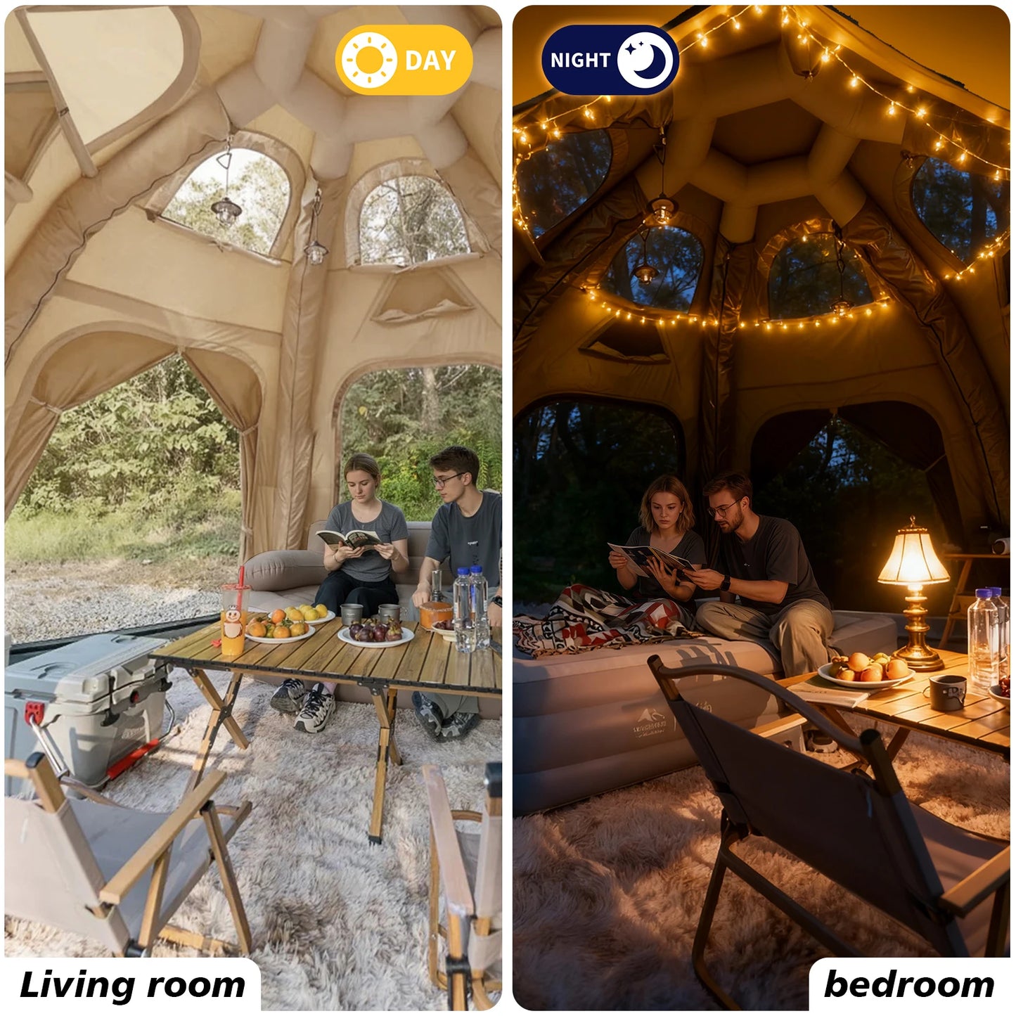 142 SqFt² Dome Inflatable Camping Tents for Family,4 Season Oxford Glamping Blow Up Tent with Canopy,Chimney Opening,AC Vent