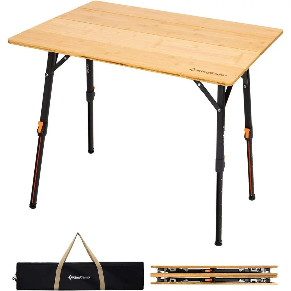 Bamboo Folding Table, 4-Fold Camping Adjustable Height Portable Outdoor Lightweight & Compact Table with Aluminum Frame for RV P