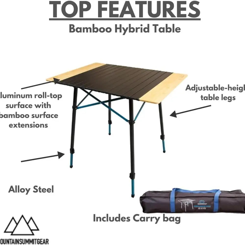 Bamboo/Aluminum Roll-Top Camping Table - Hybrid and Portable Aluminum-Top/Bamboo Folding Table with Adjustable Height Steel Fram