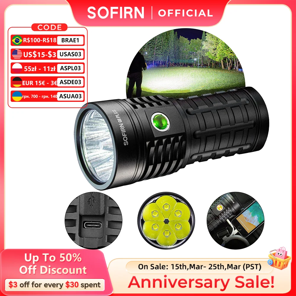 Sofirn Q8 Plus Super Powerful LED Flashlight 16000lm USB C Rechargeable 21700 Anduril 2.0 Torch XHP50B Reverse Charging