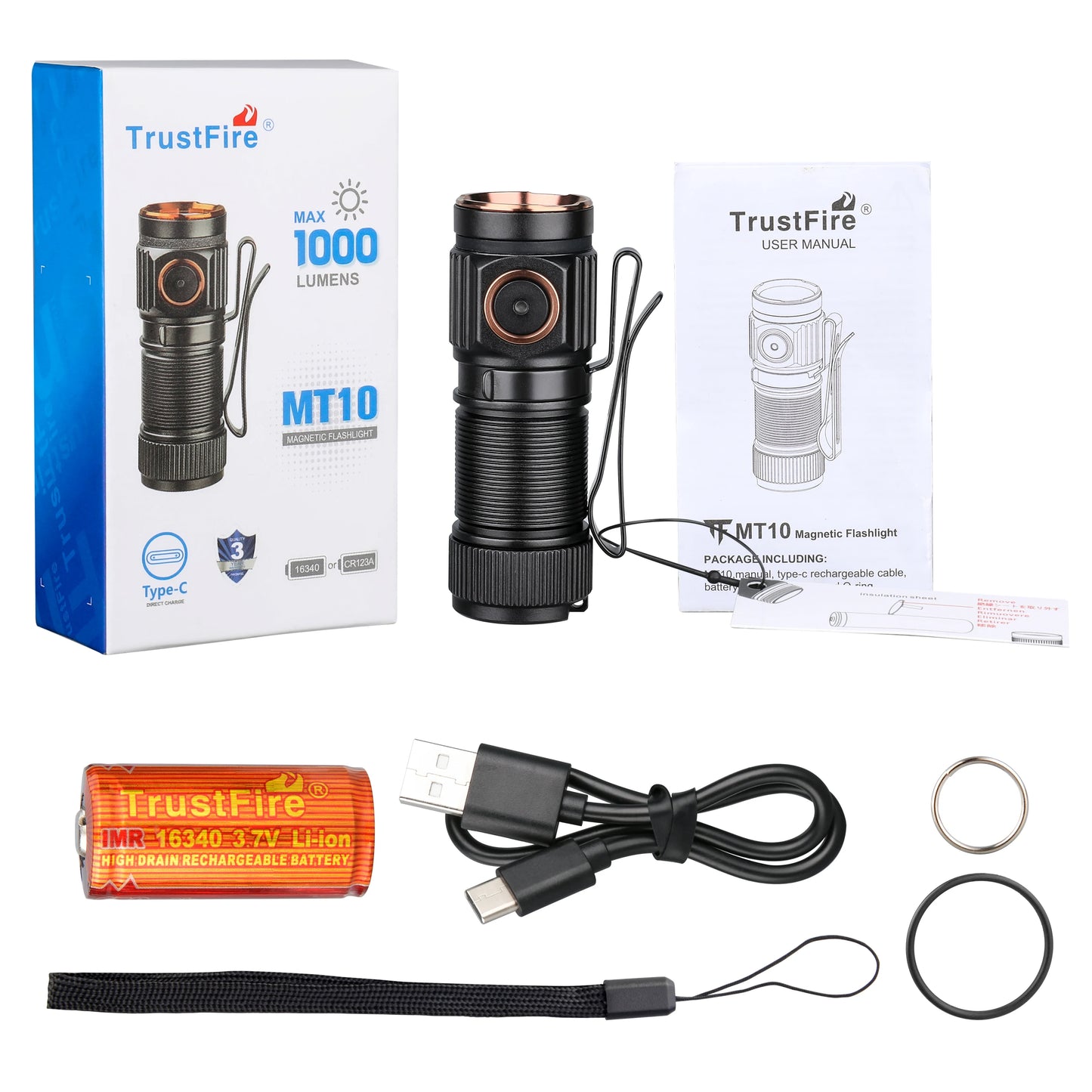 Trustfire MT10 Rechargeable LED EDC Flashlight 1000 Lumens Type USB C Charging Torch Mini 16340 Light MVB Optics with Magnet Lan