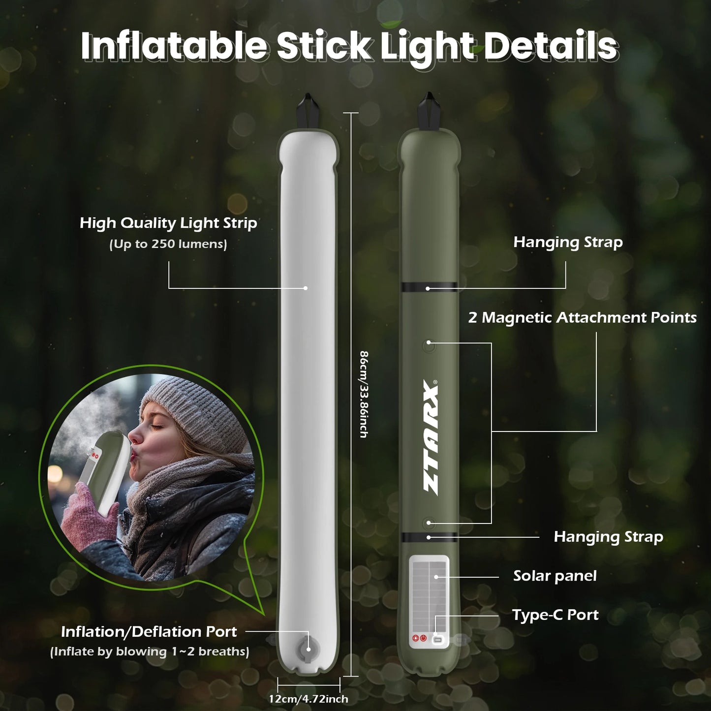 Inflatable Solar Camping Lantern,USB Rechargeable,4 Lighting Modes,IP66 Waterproof,Portable and Lightweight Tent Light