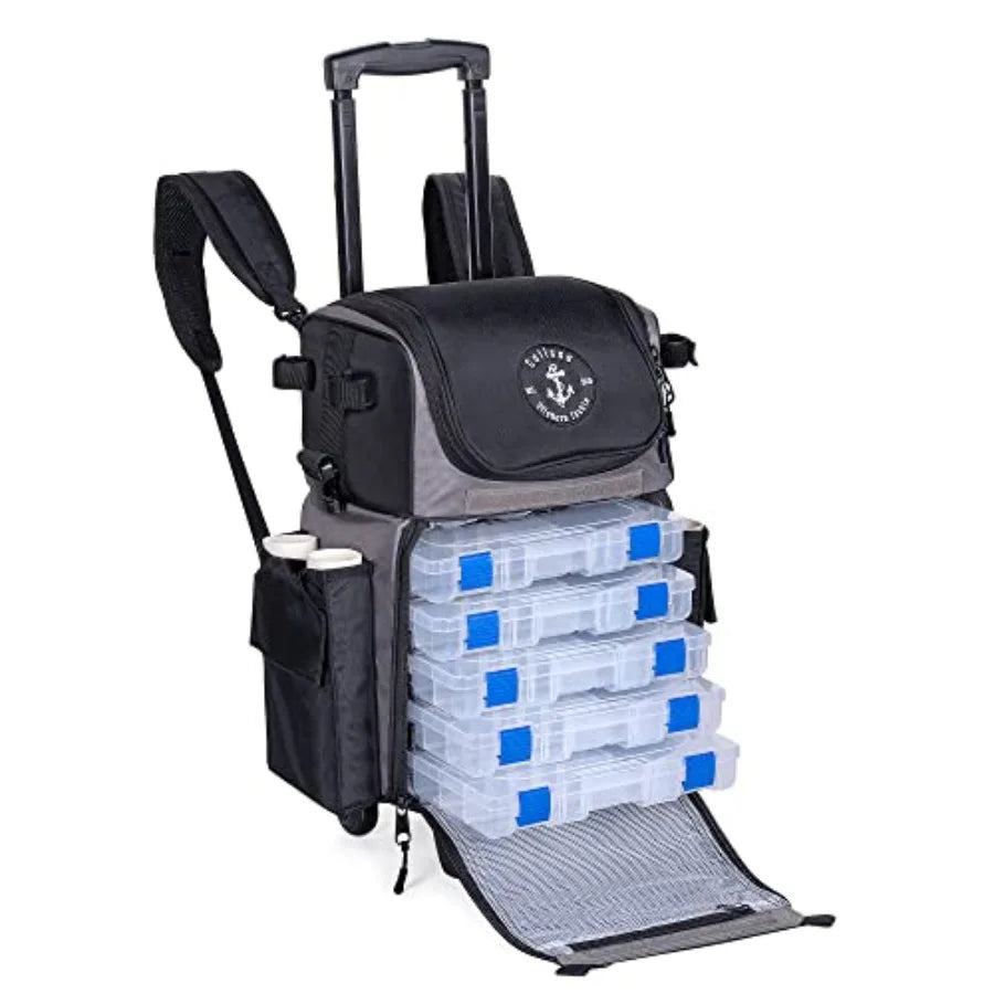 Offshore Rolling Fishing Tackle Box with Wheels Waterproof Fishing Backpack with Rod Holders Storage Bag Roller